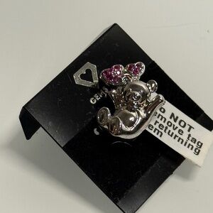Teddy Bear Brooch Pin – Silver Tone with Pink Rhinestones – Cute Gift Jewelry